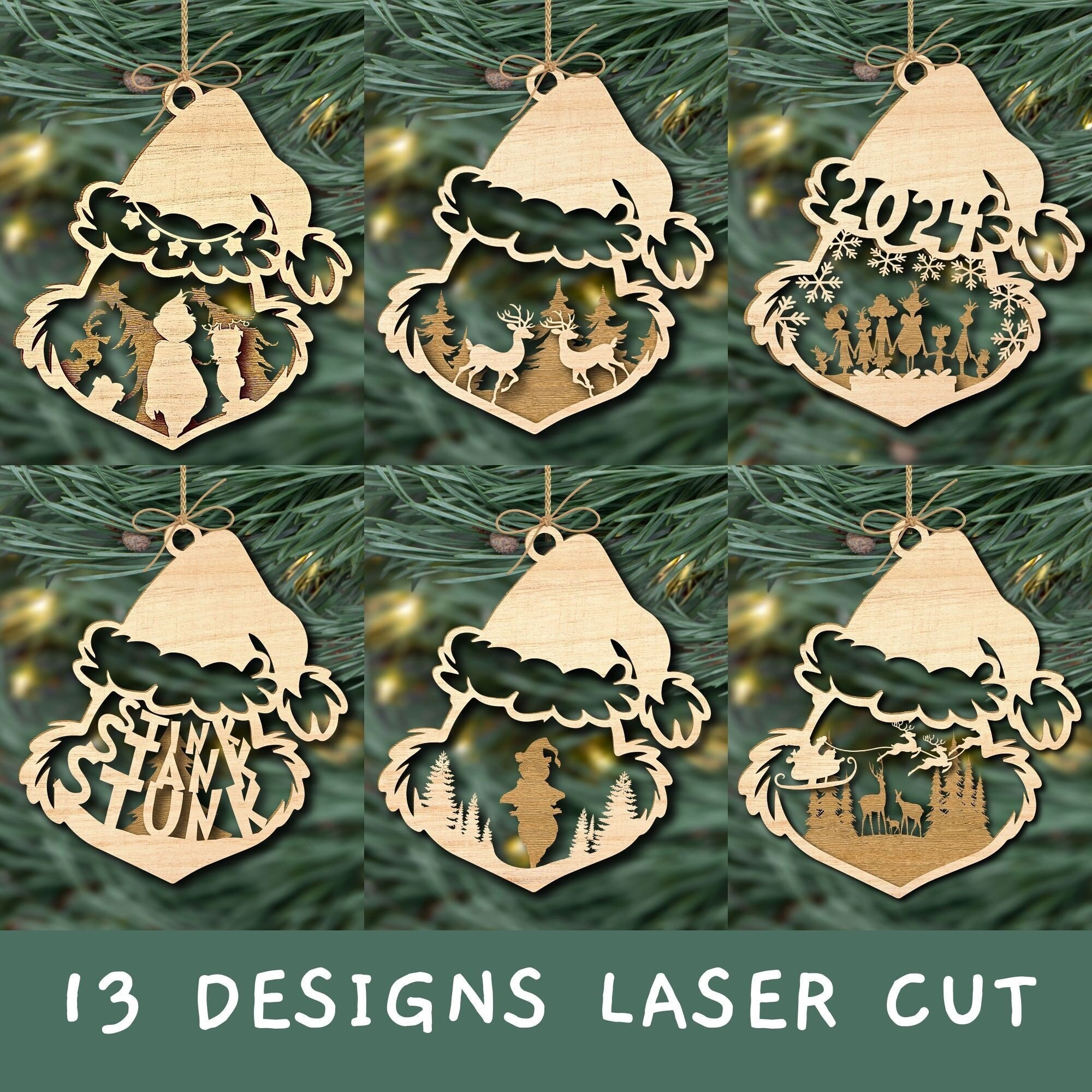 13 Grinch Christmas Ornament Bundle, 2 Layers Laser Cut Grinch Xmas ...