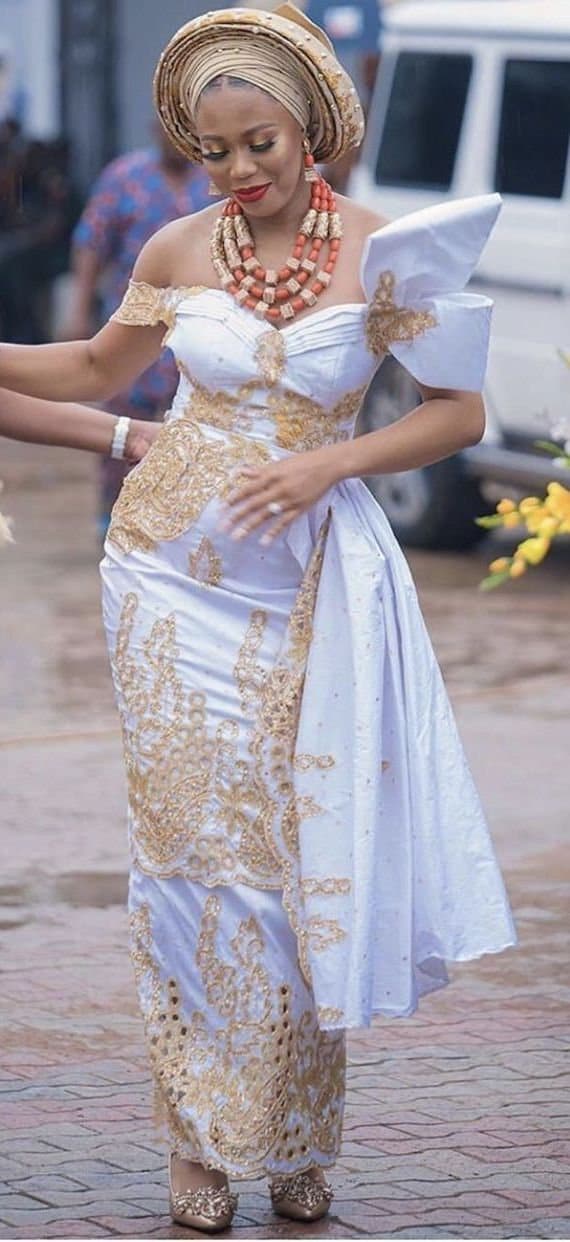 white and gold african print dresses White George dress, bridal outfit,traditional clothing, bridal dress,  wedding guest outfit, women fashion, African designs, African wear