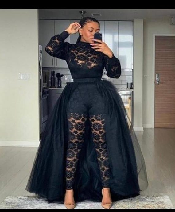 African Jumpsuit With Train, Tulle Skirt, Detachable Mesh Train
