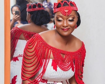 African Coral Beaded Women\'s Crown/Hat Beaded Coral Edo Okuku Headpiece: African Bridal Crown Edo  main image 3