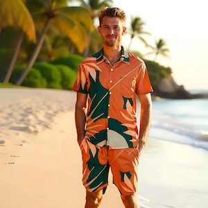 Beach Party Look Men Tropical Shirt and Shorts Set Vacation Co Ord Set Button Up Shirt Men&#39;s Beachwear Summer Outfit Idea