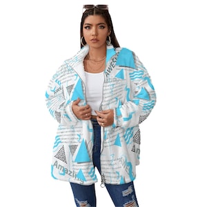 Cozy Graphic Zip Fleece Jacket Women Streetwear Outerwear Warm Winter Coat Soft Sherpa Trendy Statement Style