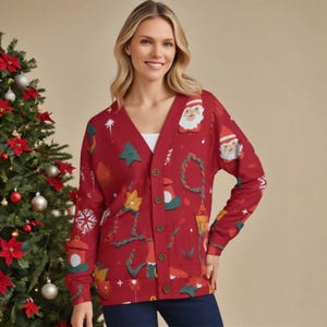 サンタのクリスマスカーディガン レディース ホリデーセーター レッド ダサいクリスマス衣装 風変わりなサンタプリントカーディガン ギフトアイデア