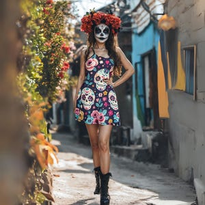 Colorful Sugar Skull Dress – Floral Gothic Skeleton Dress for Women – Spooky Halloween Party Outfit – Witchy Day of the Dead Skater Dress