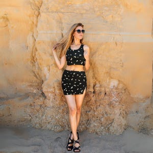 Black Crop Top and Skirt Set for Women Two Piece Night Out Outfit with Slit Mini Skirt Chic Summer Co Ord Style