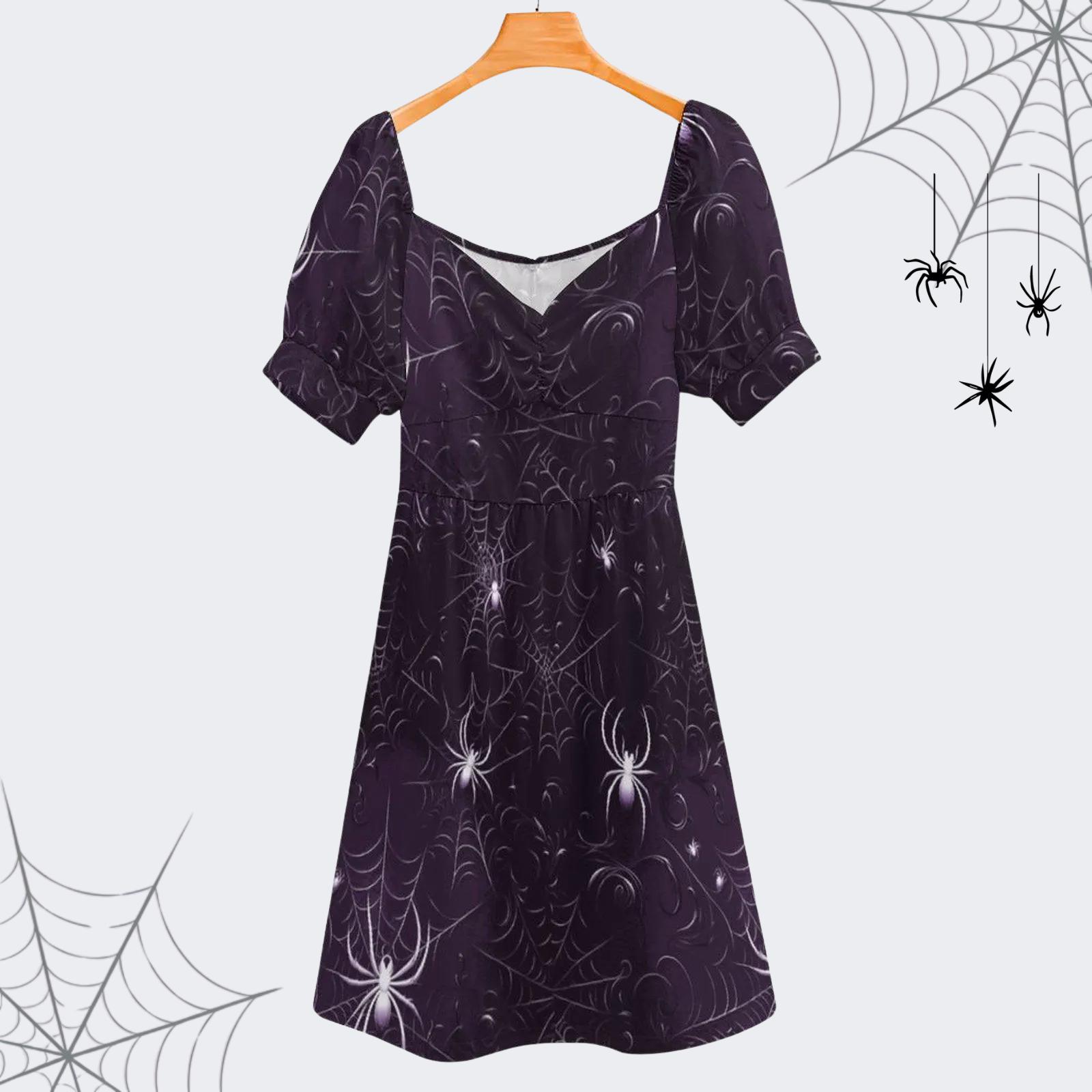 Halloween Spider Print V-Neck Vintage Long Sleeve Two-Piece Midi Dress main image 1