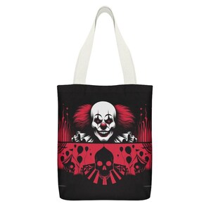 Borsa tote Clowncore con volto da clown inquietante e teschi, regalo horror di Halloween, borsa da circo riutilizzabile per fan spettrali e stile dark