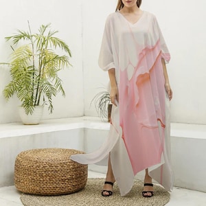 Luxury Silk Kaftan Dress – Flowing Pink Abstract Print, V-Neck Maxi Designer Kaftan for Women, Perfect for Summer, Evening, or Beachwear
