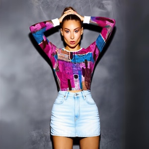 Abstract Print Mesh Crop Top Long Sleeve Sheer Y2K Style Festival Rave Party Graphic Modern Aesthetic See Through Shirt