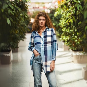 Plaid Shirt Women Plus Size Button Down Shirts Casual Loose Top Blue Check Work Shirt Classic Fit Womens Button Down Shirt