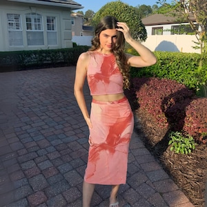 Bold Summer Two Piece Set Women Coral Crop Top and Skirt Outfit with Slit Vacation Resort Co Ord for Beach or Party Look