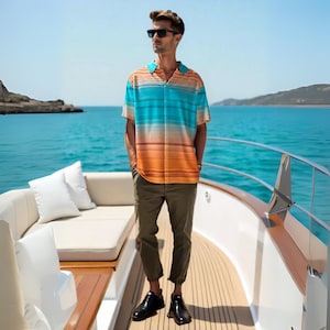 Cruise Shirt for Men Summer Beach Outfit Sunset Gradient Boho Vacation Shirt Tropical Resort Wear Gift Lightweight Button Up