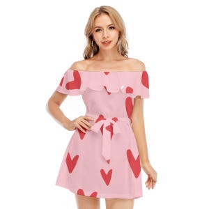 Vestido de fiesta de San Valentín con estampado de corazones rosas, minivestido con hombros descubiertos, regalo para ella, look romántico, ropa de San Valentín para niñas, para una cita o Galentine.
