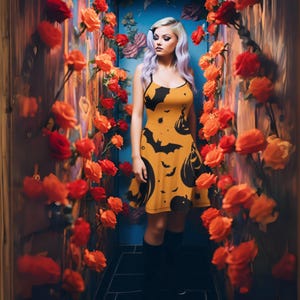 Pumpkin Bat Skater Dress – Cute Halloween Party Dress for Women – Spooky Autumn Fit and Flare Outfit – Witchcore Costume Idea