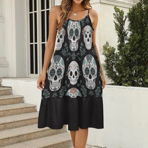 Sugar Skull Dress for Women Halloween Party Outfit Day of the Dead Costume Spaghetti Strap Gothic Look with Floral Skull Print