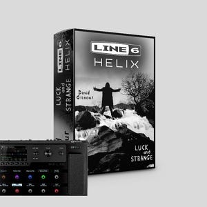 Puede incluir: Un procesador multiefectos de guitarra Line 6 Helix negro con una pantalla a color y varios interruptores de pedal. El arte de la caja presenta una foto en blanco y negro de un hombre de pie sobre una roca con un río detrás de él. El texto en la caja dice "Line 6 Helix" y "Luck and Strange".