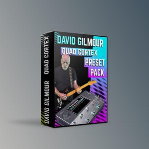 Puede incluir: Una caja de producto con el texto "DAVID GILMOUR QUAD CORTEX PRESET PACK". La caja tiene un fondo negro con una foto de un guitarrista y un procesador de efectos digitales. El fondo tiene un degradado de azul, morado y rosa.