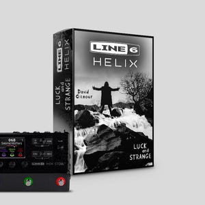 Può includere: Un processore di effetti per chitarra Line 6 Helix nero con un interruttore a pedale rosso, verde e nero. Il processore ha un piccolo schermo LCD che mostra "068 Seismic Matters". Il processore è confezionato in una scatola con una foto in bianco e nero di David Gilmour e il testo "Line 6 Helix, Luck and Strange".