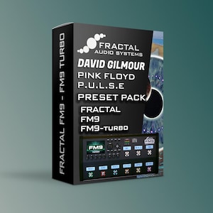 May include: A black box featuring the text "FRACTAL AUDIO SYSTEMS" and "DAVID GILMOUR PINK FLOYD P.U.L.S.E PRESET PACK". The box also displays a black FM9-TURBO audio system with multiple buttons and a screen. The box is labeled "FRACTAL FM9 - FM9 TURBO".
