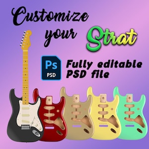 Può includere: Un modello di chitarra elettrica personalizzabile in formato PSD di Photoshop. L'immagine mostra cinque chitarre: una nera, una rossa, una beige, una gialla e una verde. Il testo "Customize your Strat" e "Fully editable PSD file" è visibile nell'immagine.