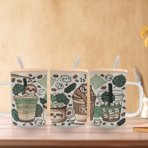 Frosted Glass Sloth Mug with Bamboo Lid & Straw - 17oz