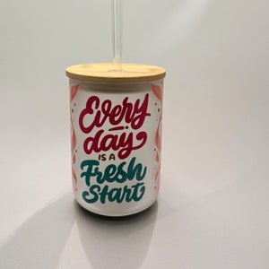 Fresh Start 17oz Frosted Glass  Mug with Bamboo Lid and Reusable Straw , Heat Resistant To Go Cup for Coffee, Tea, Soda, Water and More