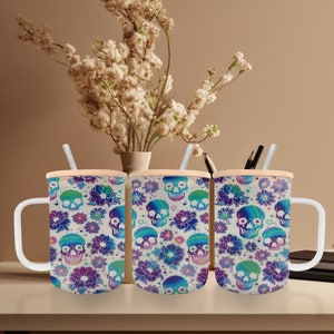 Iridescent Skulls 17oz Frosted Glass  Mug with Bamboo Lid and Reusable Straw, Heat Resistant To Go Cup for Coffee, Tea, Soda, Water and More