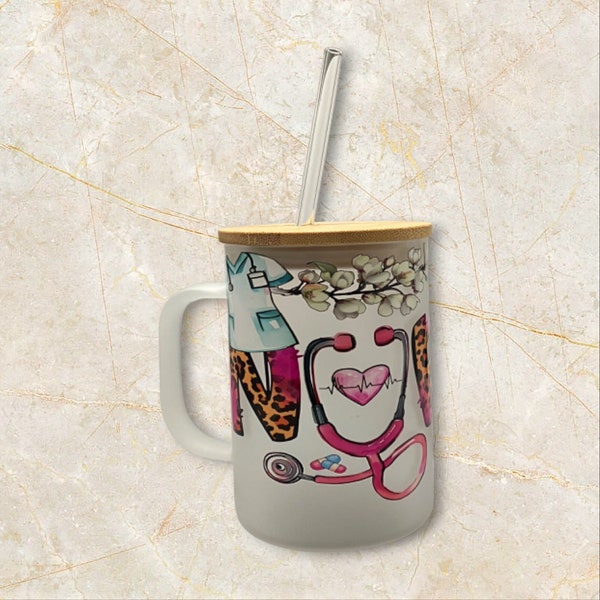 Nurse Life 17oz Frosted Coffee Mug with Bamboo Lid and Reusable Straw, Iced Coffee Tea Smoothie Cup