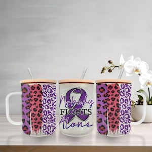 Purple Ribbon Frosted Glass Mug: Bamboo Lid & Straw, Heat Resistant To Go Cup