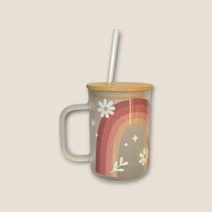 Retro Waves Frosted Glass Mug: Bamboo Lid & Straw, 17oz
