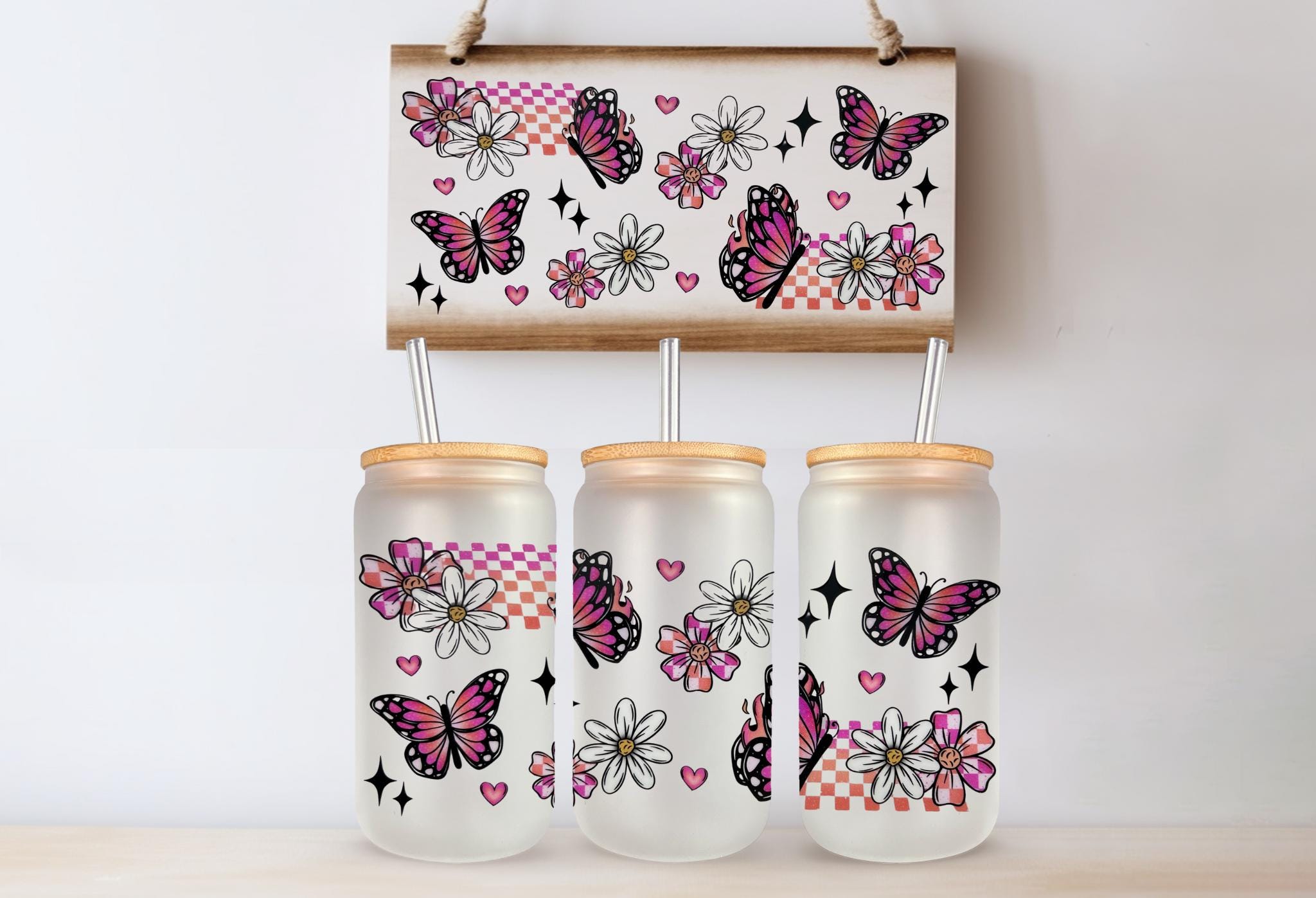 Checkered Flower Frosted Glass Tumbler: Iced Coffee Cup With Lid ...