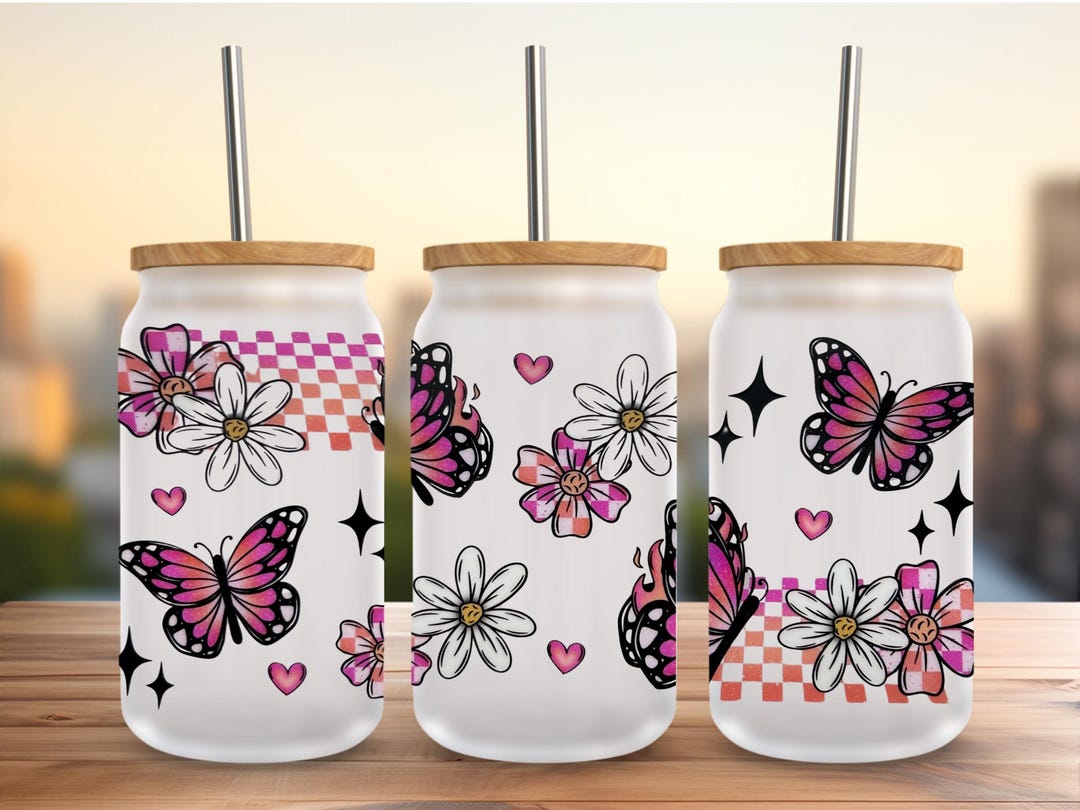 Checkered Flower Frosted Glass Tumbler: Iced Coffee Cup With Lid ...