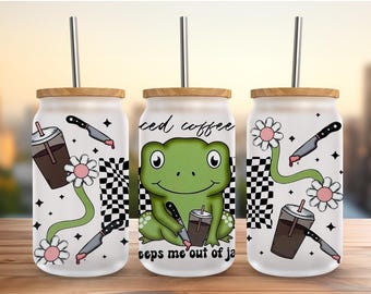16oz Frosted Glass Can Tumbler with Bamboo Lid and Straw: Iced Coffee Frog
