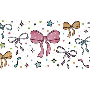 Può includere: Illustrazione ad acquerello di vari fiocchi nei toni del rosa, arancione, blu e viola, con accenti di stelle e punti. I fiocchi hanno un aspetto stravagante e disegnato a mano, ideale per progetti creativi.