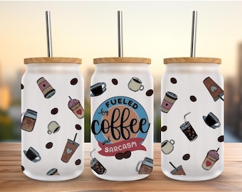 16oz Frosted Glass Can Tumbler with Bamboo Lid and Straw: Sarcasm and Coffee