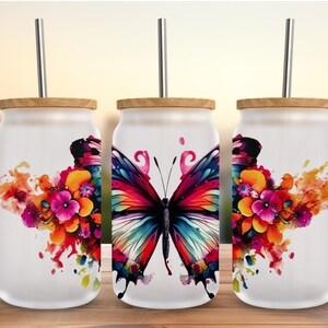 Butterfly Glass Can Tumbler: 16oz Iced Coffee Cup with Bamboo Lid