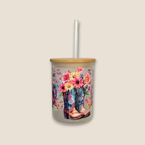 Floral Boots Frosted Glass Mug: Bamboo Lid & Straw, Heat Resistant To-Go Cup