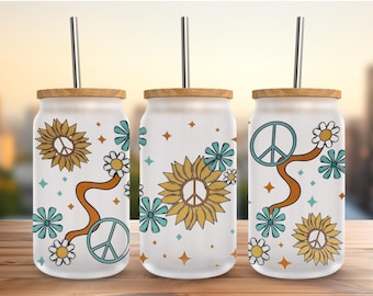 16oz Frosted Glass Can Tumbler with Bamboo Lid and Straw: Retro Peace