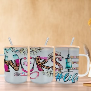 Nurse Life Frosted Glass Mug: Bamboo Lid & Reusable Straw