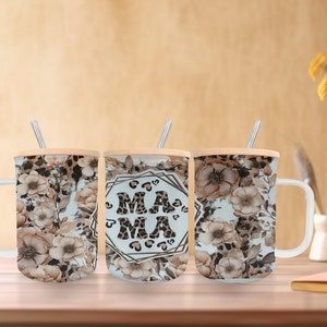 Brown Floral MAMA 17oz Frosted Glass  Mug with Bamboo Lid and Reusable Straw, Heat Resistant To Go Cup for Coffee, Tea, Soda, Water and More