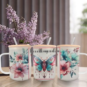 A Little Magic 17oz Frosted Glass  Mug with Bamboo Lid and Reusable Straw, Heat Resistant To Go Cup for Coffee, Tea, Soda, Water and More