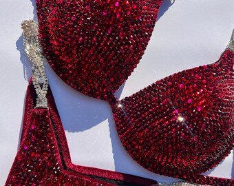 Dark red rhinestones suit Competition Bodybuilding velvet bikini suit fitness model bikini pro posing suit Athlete custom stage suit
