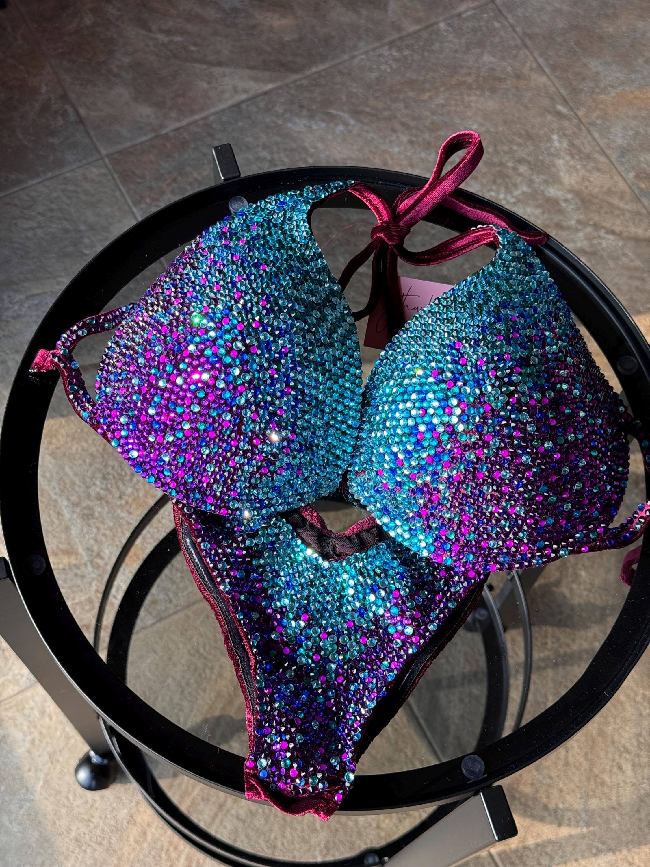 Competition Bikini Suit Handmade Bikini With Rhinestones Turquoise Blue ...