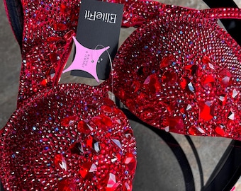 Competition bikini in red with handmade crystals Bikini for fitness bodybuilding NPC IFBB Stage fitness Bikini suit Wellness bikini