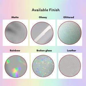 K&ouml;nnte beinhalten: Eine visuelle Anleitung zu verschiedenen Oberfl&auml;chen, die f&uuml;r ein Produkt verf&uuml;gbar sind. Die Oberfl&auml;chen umfassen matt, gl&auml;nzend, glitzernd, Regenbogen, zerbrochenes Glas und Leder.