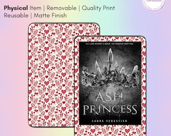 May include: E-reader sticker skin with a red and white heart pattern and the text "Ash Princess". The sticker is available for Kindle, Kobo, XTEink, and Boox. The sticker is a physical item, removable, with a quality print, reusable, and has a matte finish.