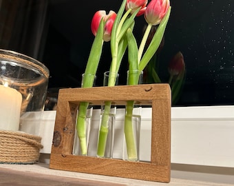 Reagenzglasvase Eiche Vase Blumenvase Holzvase Reagenzglashalter Deko Trockenblumenarrangement