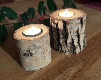 Set of 2 birch trunk tea light holders