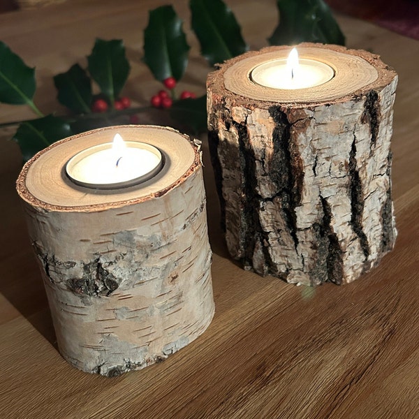 Set of 2 birch trunk tea light holders