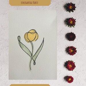 Handgeschilderde aquarelkaart met tulp – One Line Drawing & Watercolor – Wenskaart van 10 x 15 cm met delicate lijnen